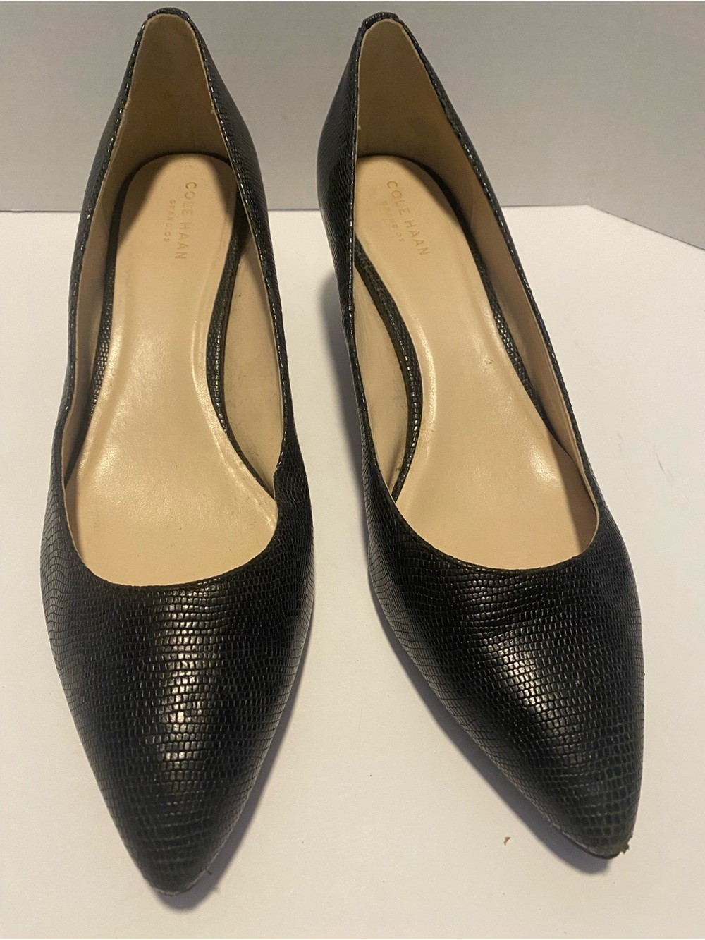 Cole Haan Black Black Lizard Embossed Pointed-Toe Kitten Heal Leather Pump Sz 10
